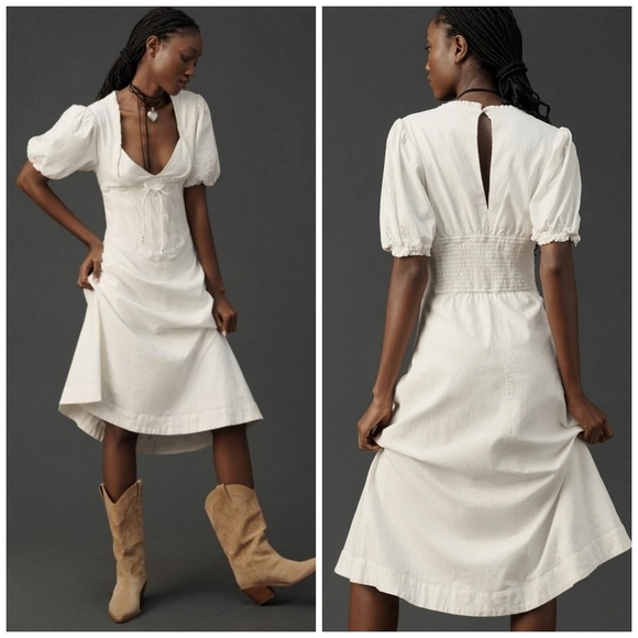 Maeve Puff-Sleeve Corset Linen Midi Dress - Picture 1 of 7